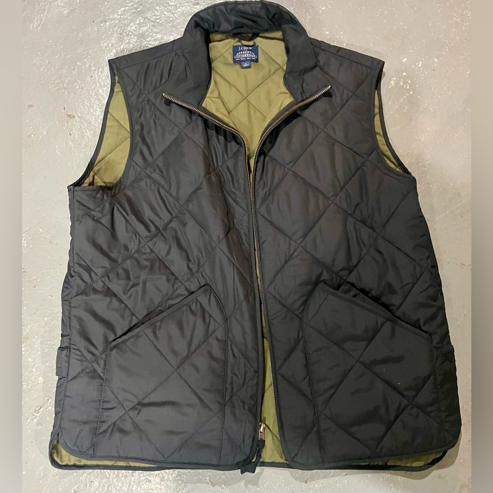 J. Crew Quilted Reversible Vest in Black and Olive